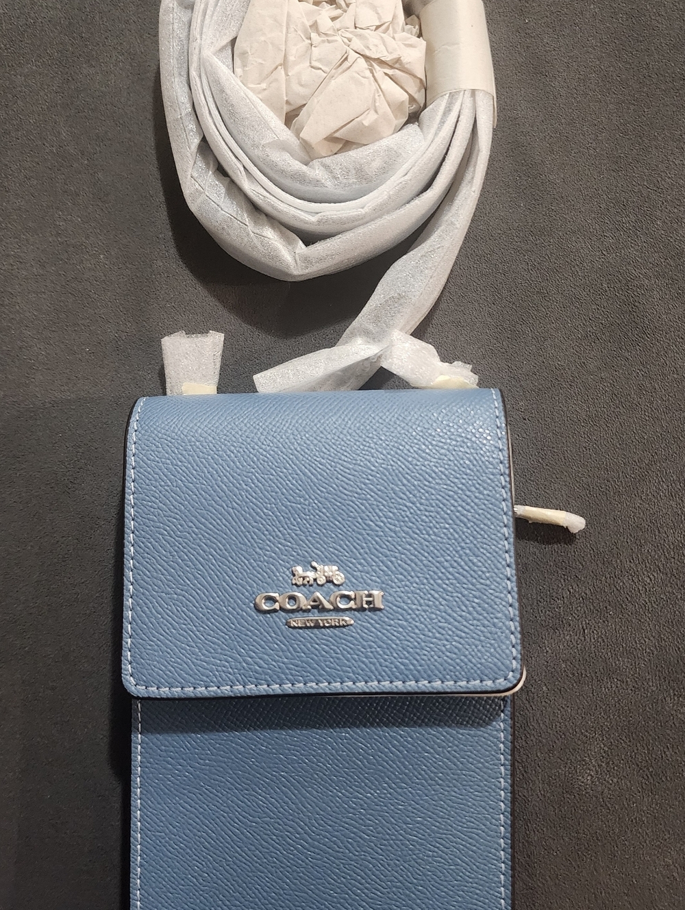 Coach Powder Blue Pebbled Leather Crossbody Phone Pouch